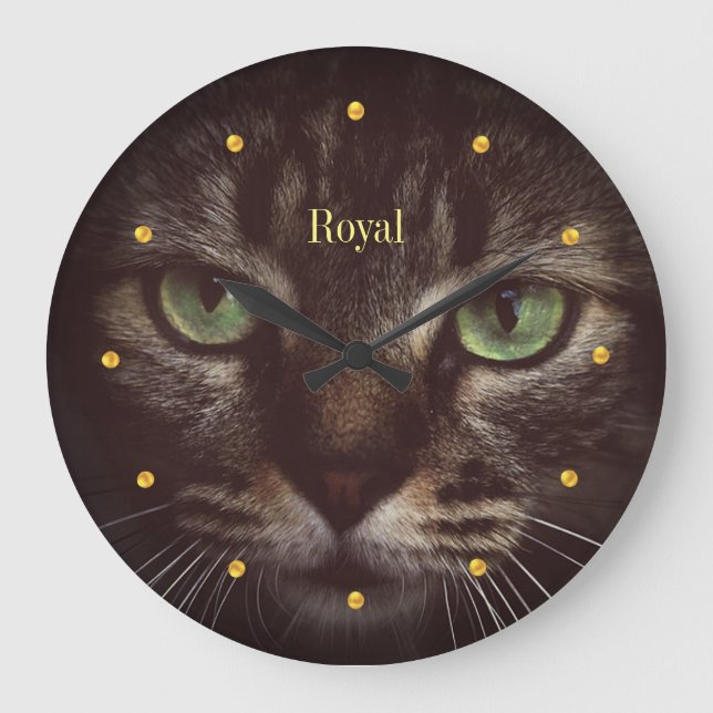 Grande Horloge Ronde Élégant chat tabby et points dorés (Recto)