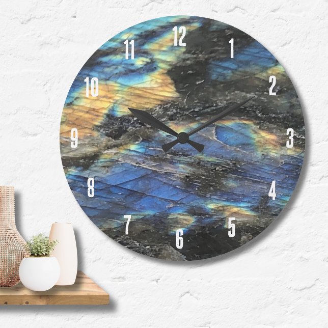 Grande Horloge Ronde Elégant chic labradorite chic cristal pierre (Elegant Trendy Chic Labradorite Crystal Stone Large Clock)