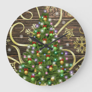 Grande Horloge Ronde Elegant Christmas Tree Barn Wood Gold Design