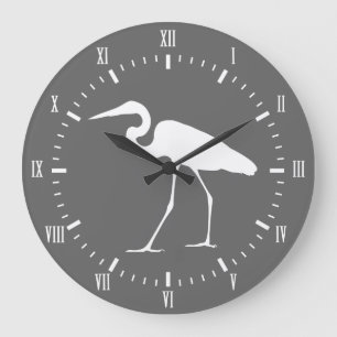 Grande Horloge Ronde Elegant Coastal White Egret Bird & Gray