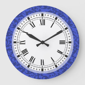 Grande Horloge Ronde Élégant Cobalt Blue Damask Scrolls