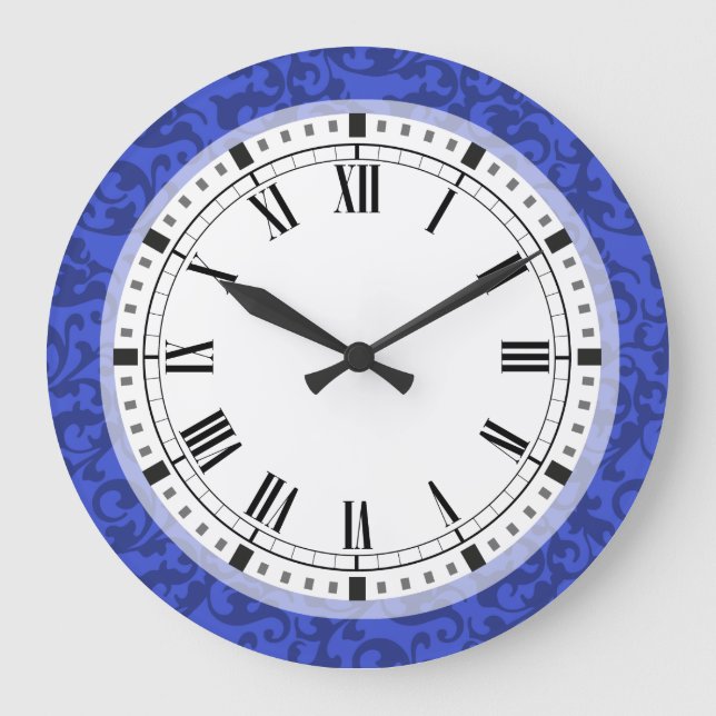 Grande Horloge Ronde Élégant Cobalt Blue Damask Scrolls (Recto)