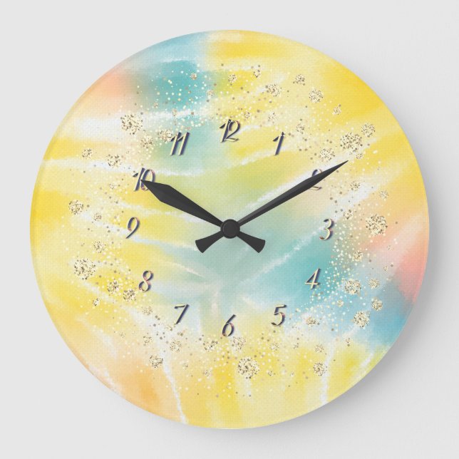 Grande Horloge Ronde Elégant Confetti Jaune Tie Dye (Recto)