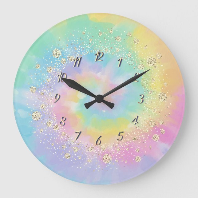 Grande Horloge Ronde Elégant Confetti Rainbow Tie Dye (Recto)