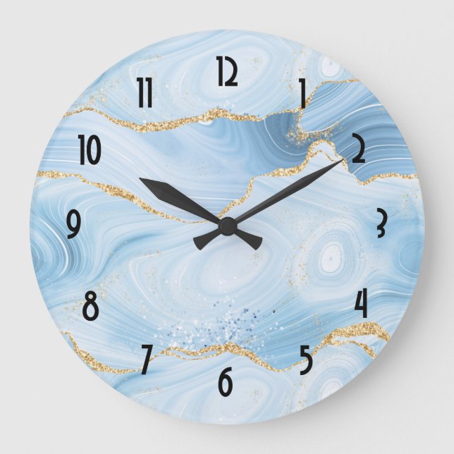 Grande Horloge Ronde Elégant Cool Blue Agate et Parties scintillant or (Recto)