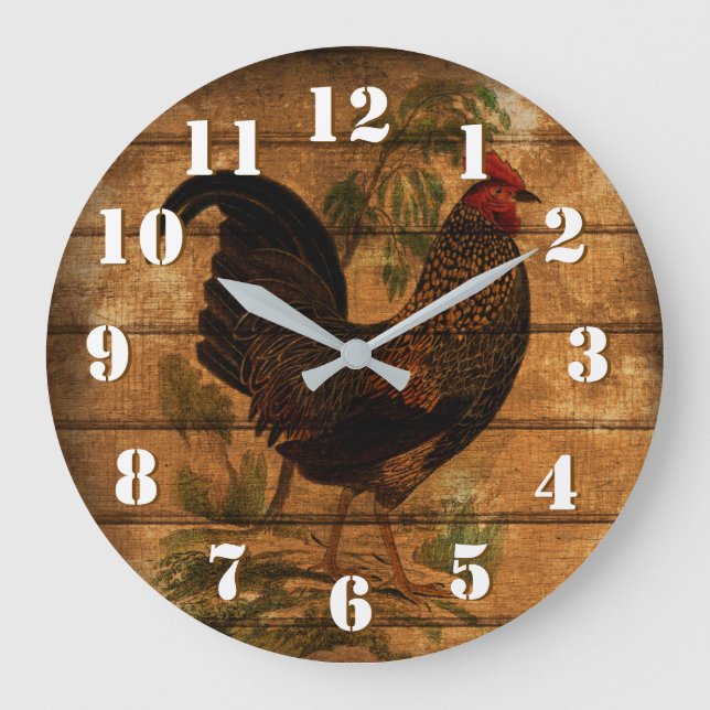 Grande Horloge Ronde Elégant coq de pays sur bois rustique (Recto)