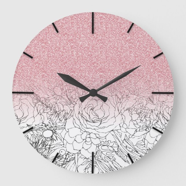 Grande Horloge Ronde Élégant Doodle Floral rose Gradient Parties scinti (Recto)