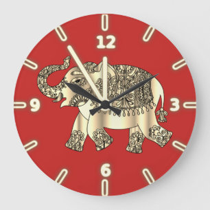 Grande Horloge Ronde Élégant éléphant paisley floral or, Rouge