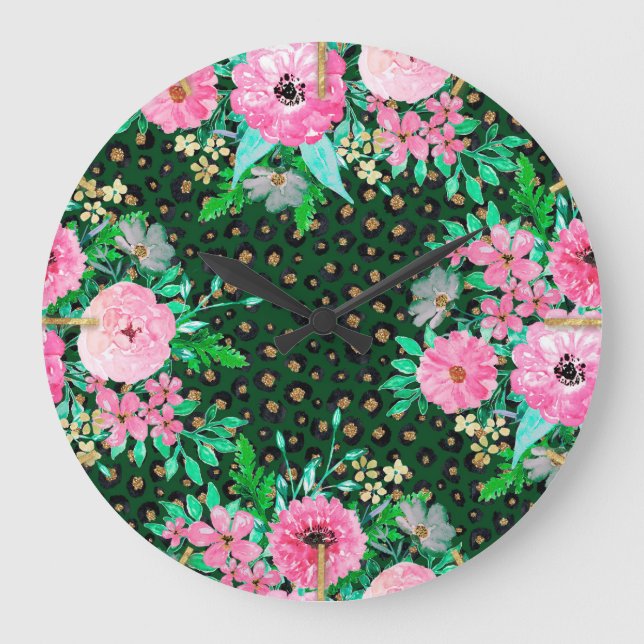 Grande Horloge Ronde Élégant Empreinte de léopard rose floral vert desi (Recto)