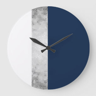 Grande Horloge Ronde élégant faux argent, bleu marine, rayures blanches