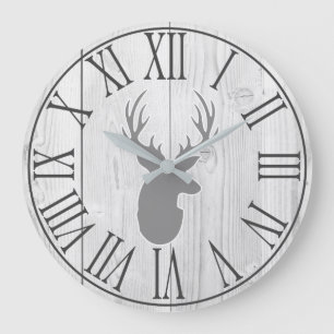 Grande Horloge Ronde Élégant Faux rustique Bois blanc & Cerf gris