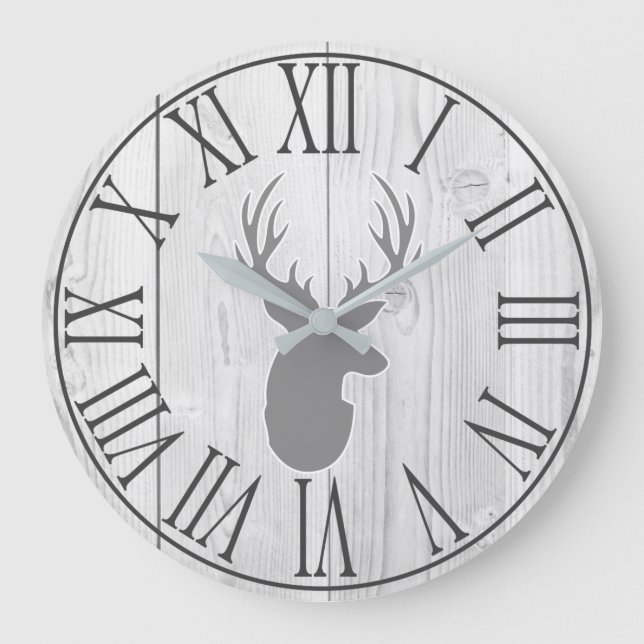Grande Horloge Ronde Élégant Faux rustique Bois blanc & Cerf gris (Recto)