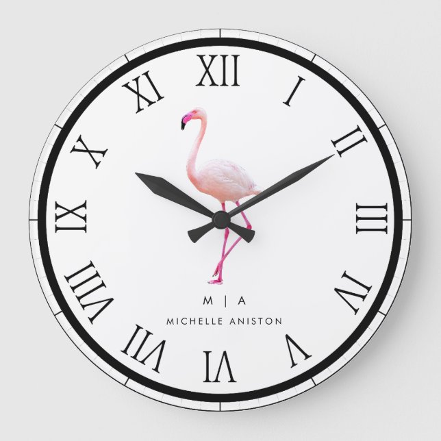Grande Horloge Ronde Élégant Flamant rose blanc rose | Monogramme perso (Recto)