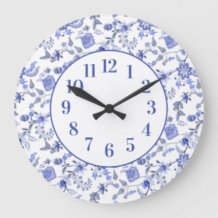 Grande Horloge Ronde Élégant Floral Bleu Poussiéreux Féminin Vintage