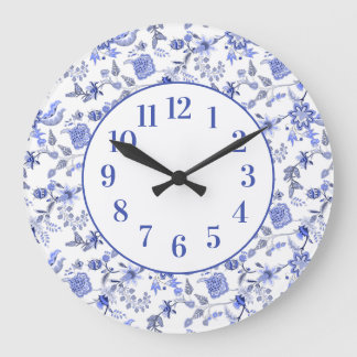 Grande Horloge Ronde Élégant Floral Bleu Poussiéreux Féminin Vintage