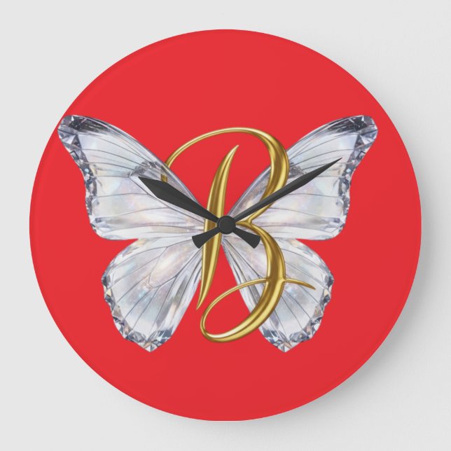 Grande Horloge Ronde Elegant Floral Butterfly Letter B - Artistic Monog (Recto)