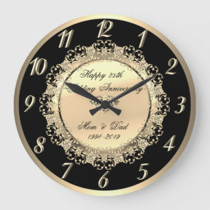 Grande Horloge Ronde Élégant floral doré 25e anniversaire de mariage