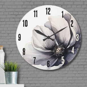 Grande Horloge Ronde Élégant floral noir blanc moderne