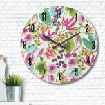 Grande Horloge Ronde Élégant floral tropical<br><div class="desc">Ce joli tirage ressemble à une vintage impression tropicale florale ! Les parts de rose,  violet,  bleu,  vert,  jaune,  orange,  et plus encore mélangées. Idéal pour les cadeaux ou les produits. Rose Bleu Vert Moderne Floral Vintage Tropical Grande Horloge.</div>