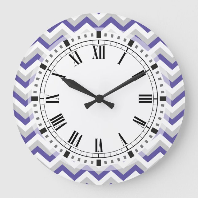 Grande Horloge Ronde Elegant Geometric Purple Blue Chevron Zigzag (Recto)
