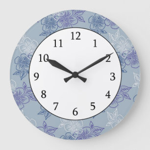 Grande Horloge Ronde Elegant Girly White Purple Blue Floral Pattern
