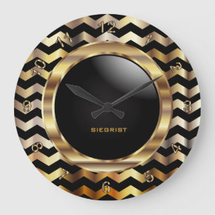 Grande Horloge Ronde Elegant Gold and Black Chevron Design