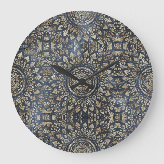 Grande Horloge Ronde Elegant Gold Blue Mandala Floral (Recto)