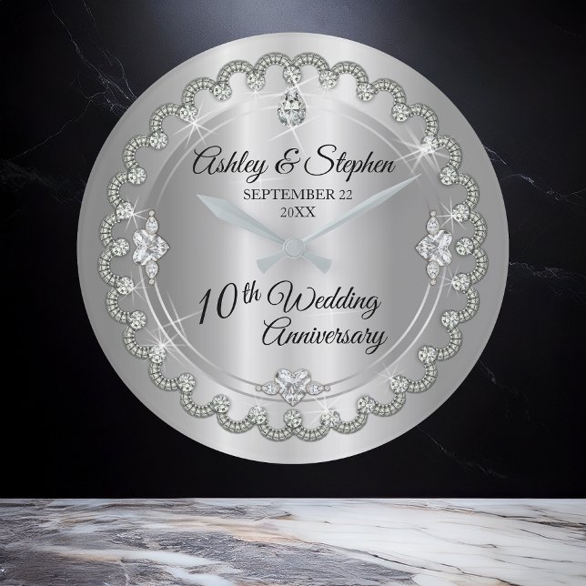 Grande Horloge Ronde Elegant Heart Diamonds (Elegant Heart and Printed (Faux) Diamonds 10th Wedding Anniversary Large Clock)