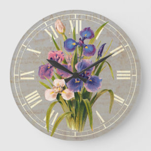 Grande Horloge Ronde Elegant Japanese Purple Irises Antique