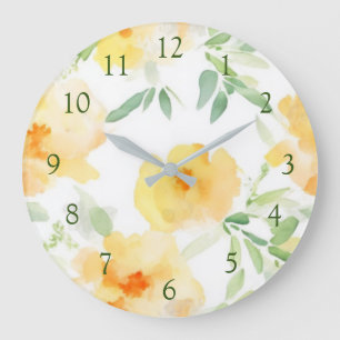 Grande Horloge Ronde Elégant jaune pêche orange aquarelle fleurie