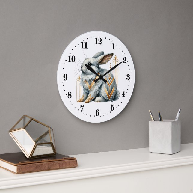 Grande Horloge Ronde Élégant lapin de pingouin art déco (Bureau)