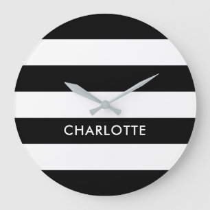 Grande Horloge Ronde Elégant luxe personnalisé noir et blanc rayé