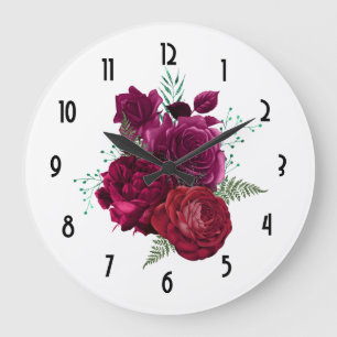Grande Horloge Ronde Elegant Magenta Rose Floral Bouquet