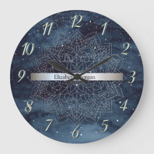 Grande Horloge Ronde Elégant Mandala Stripe Navy bleu