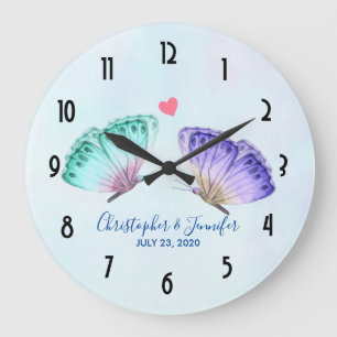 Grande Horloge Ronde Élégant Mariage de paire de papillon aquarelle