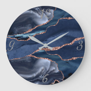 Grande Horloge Ronde Elégant Marine Gold Agate Numéros d'argent Abstrai