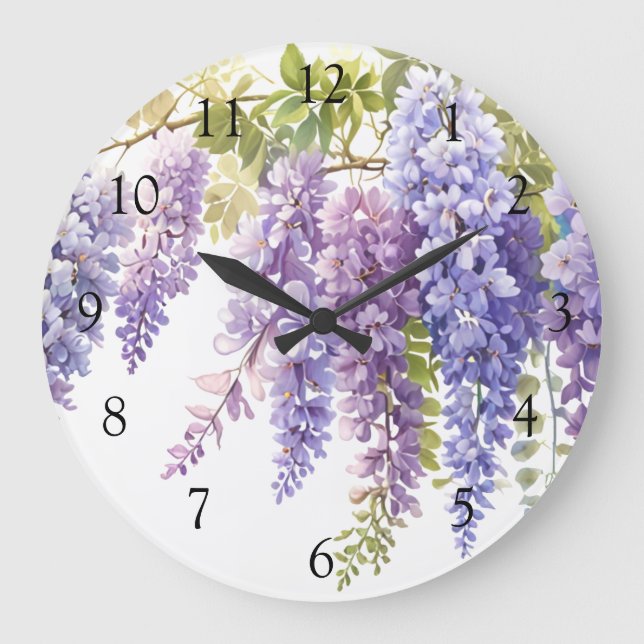 Grande Horloge Ronde Elégant mauve magenta aquarelle glyteria floral (Recto)