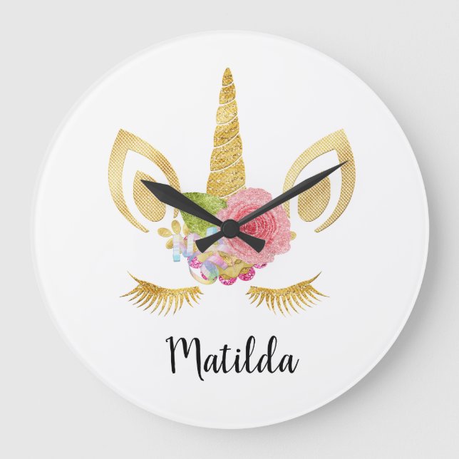 Grande Horloge Ronde Élégant mignon jolie parties scintillant d'or flor (Recto)