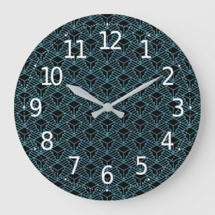 Grande Horloge Ronde Elégant moderne Abstrait Bleu Art Déco Motif  