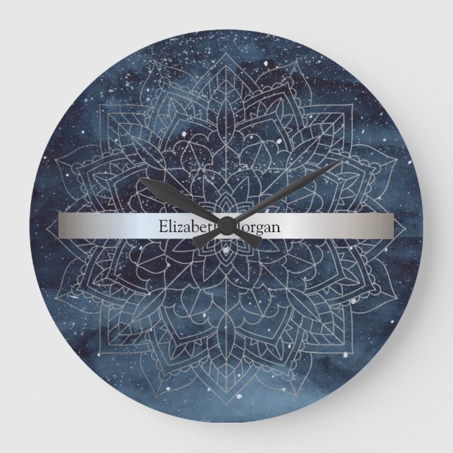 Grande Horloge Ronde Elégant moderne en argent Mandala Stripe Navy bleu (Recto)