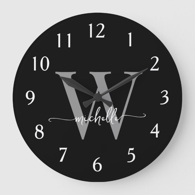 Grande Horloge Ronde Élégant Moderne Nom Monogramme Gris Noir Script (Recto)