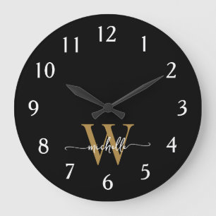 Grande Horloge Ronde Élégant Moderne Script Nom Monogramme Noir Or