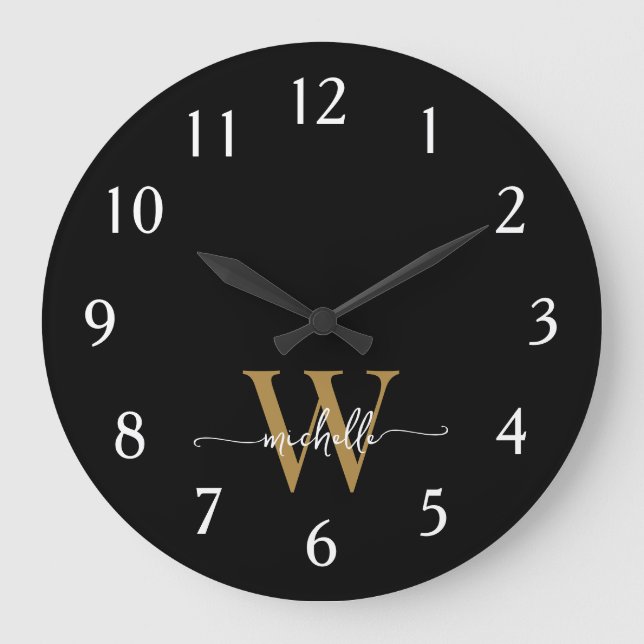 Grande Horloge Ronde Élégant Moderne Script Nom Monogramme Noir Or (Recto)