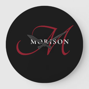 Grande Horloge Ronde Élégant Monogramme moderne noir rouge
