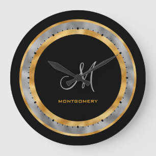 Grande Horloge Ronde Élégant Monogramme Personnalisé Or Noir Argent Feu
