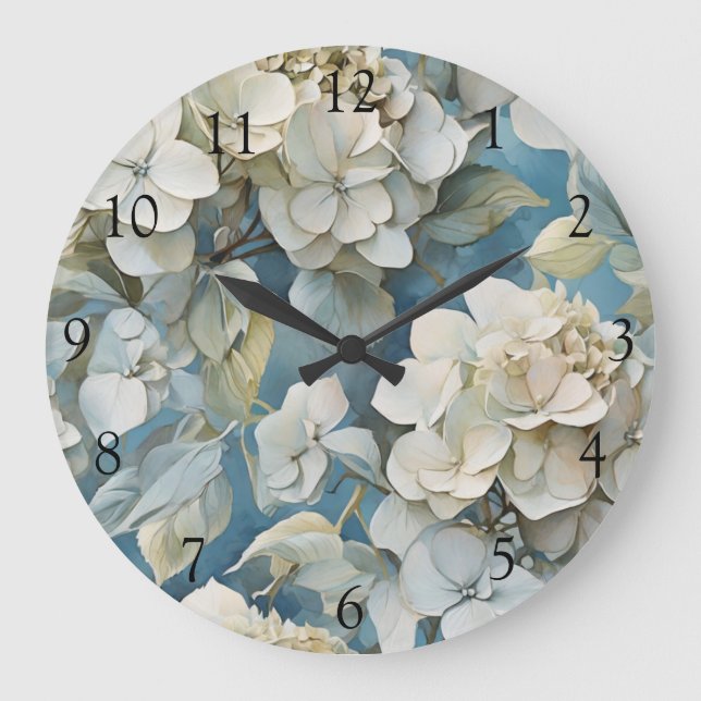 Grande Horloge Ronde Elégant moody bleu poussiéreux flores d'aquarelle (Recto)