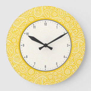 Grande Horloge Ronde Élégant Motif Paisley Vintage Jaune Et Blanc