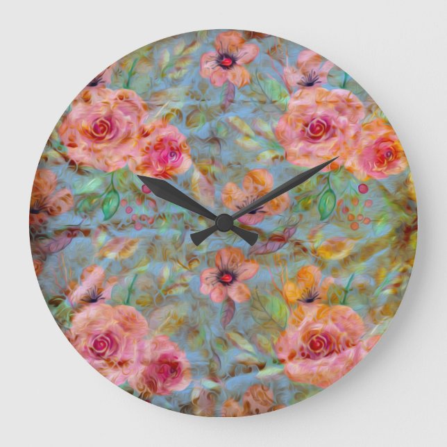 Grande Horloge Ronde Élégant Motif rose floral (Recto)