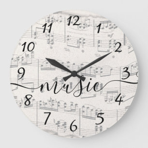 Grande Horloge Ronde Elegant Music Notes avec script