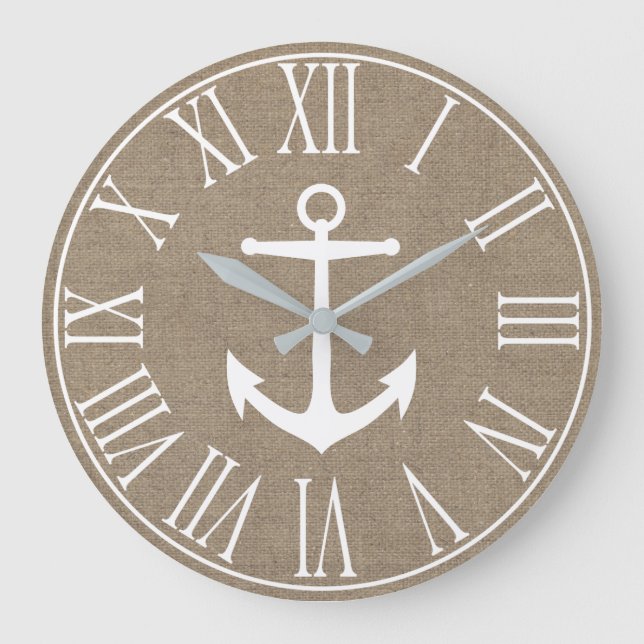 Grande Horloge Ronde Elégant Nautique Faux Burlap & Ancre blanche (Recto)